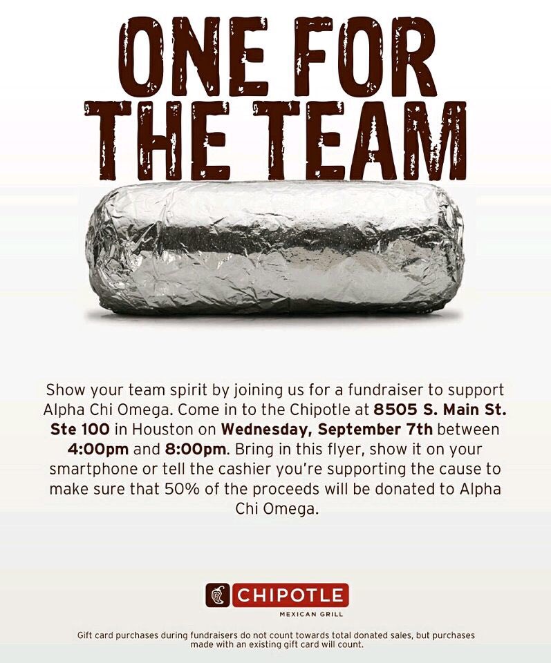 Support <a href="/HBUAXO/">ΑΧΩ at HBU</a> from 4-8 pm by going to the Chipotle on S. Main St! #gogreek #harambewould
