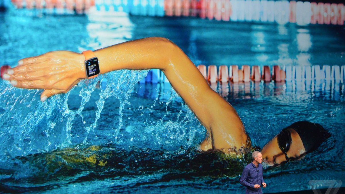 verge's tweet image. Apple Watch Series 2 announced with swimproof shell theverge.com/2016/9/7/12695…