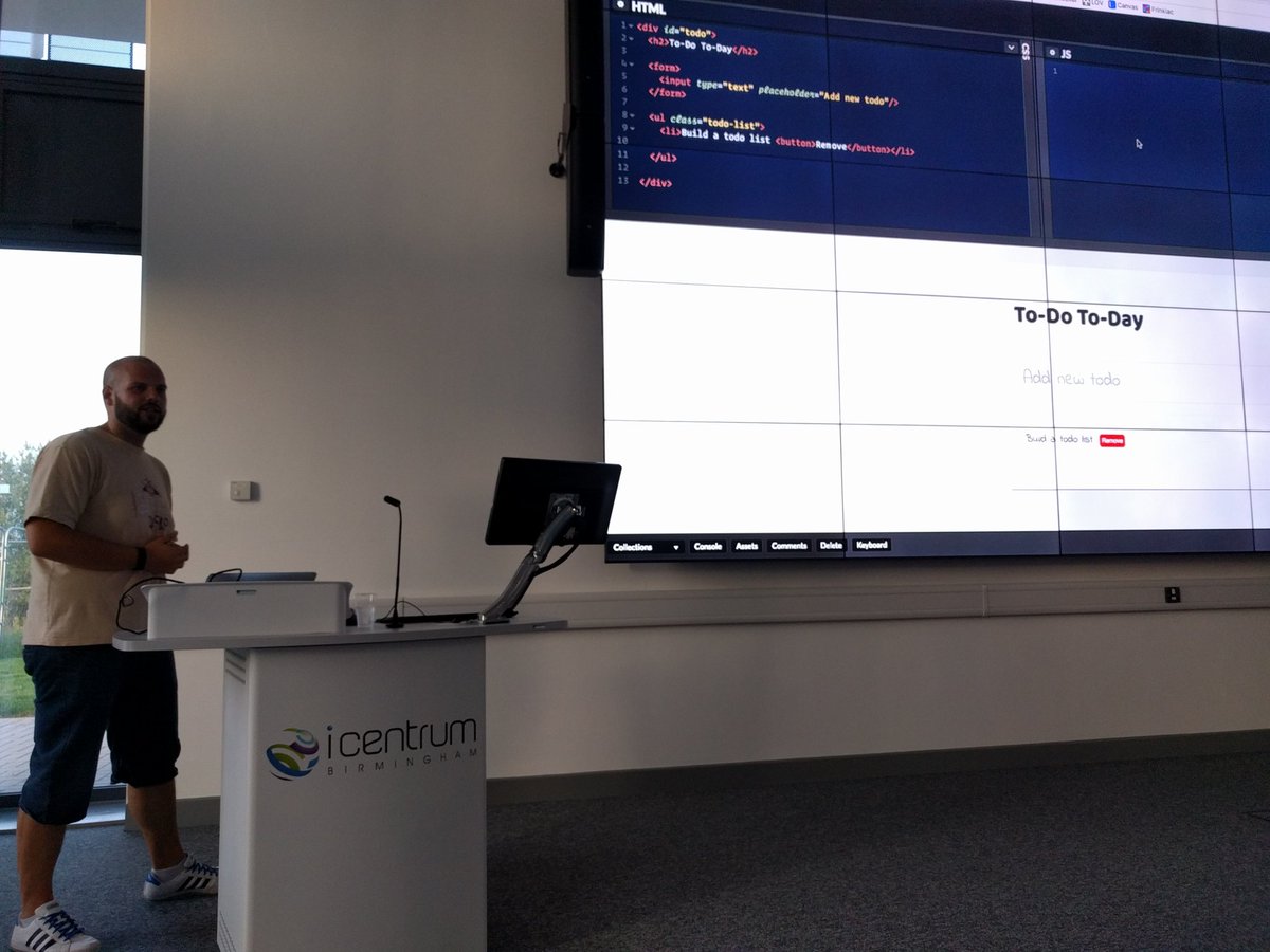 iWebtweets's tweet image. Intro from @_joshhillier leading into @NGMoreton's talk on vue.js & Firebase #codepenbrum