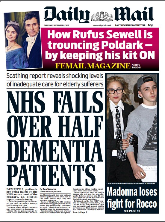 DAILY MAIL FRONT PAGE: 'NHS fails over half dementia patients' #skypapers