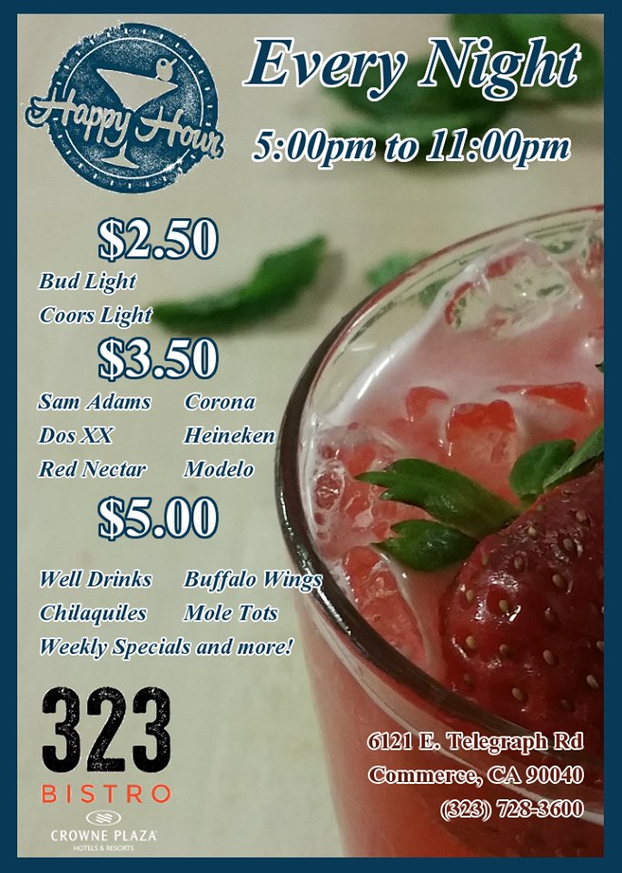 323Bistro's tweet photo. Unwind with us &amp; enjoy appetizer and #drink specials daily from 5pm -11pm! @CrownePlazaLA #HappyHour #323Bistro https://t.co/MAOuVQJK1T
