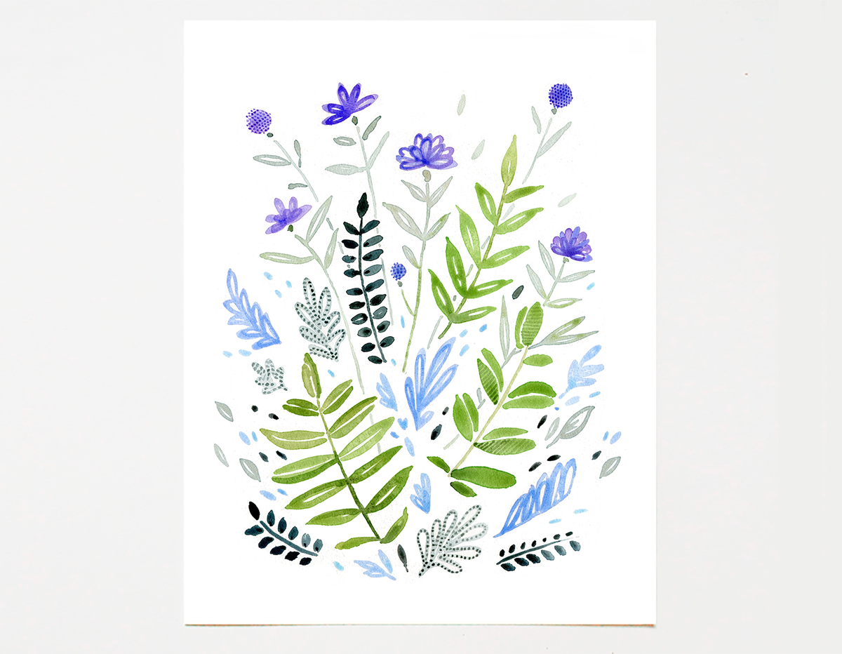 Green Plants Purple Blue etsy.me/2cgIAgZ #floralwatercolor #watercolour #watercolorpainting #flowers #etsy