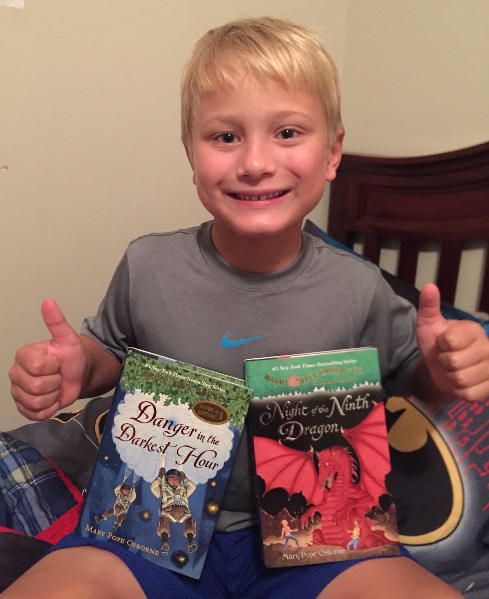 AlyM820's tweet photo. #BeauMan excited about his #BookFair loot #magictreehouse #book55 &amp; #specialedition1 @MaryPopeOsborne  #2ndgradestud https://t.co/vmnYfrxAEc