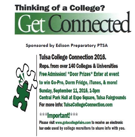 TulsaCollegeCon's tweet photo. Tulsa College Connection is Sun. Sept 11. FREE admit &amp; door prizes.Come see us HS students &amp; parents! @TulsaSchools https://t.co/NauoQMMO3h