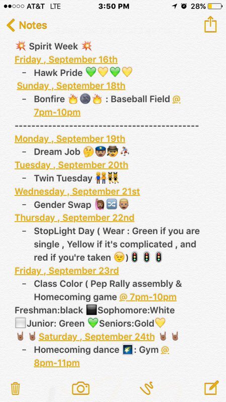 HHSHawks_2018's tweet photo. Homecoming Spirit Week days!! Save this picture and get hype!!! 💚💛💚💛💚💛 https://t.co/8XOM6YSlU8