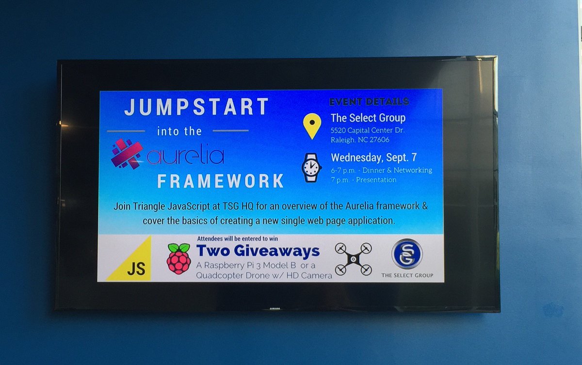 trianglejs's tweet image. Jump Start into the Aurelia Framework is tonight!  Food and prizes courtesy of @TheSelectGroup