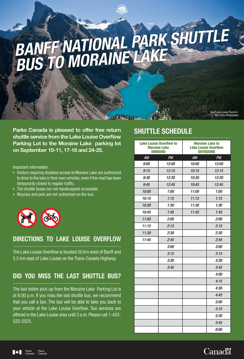 BanffNP's tweet photo. The free @ParksCanada shuttle to Moraine Lake starts Saturday and runs on weekends through the end of September. https://t.co/xYMhsyxhyJ