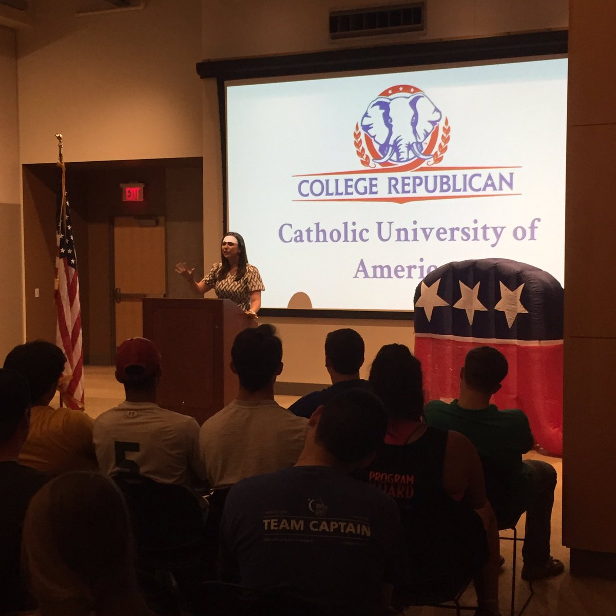 Awesome time hearing former CUA College Republican and current <a href="/CRNC/">College Republicans</a> chair <a href="/AlexandraCSmith/">Cara</a> speak at our meeting!!🇺🇸