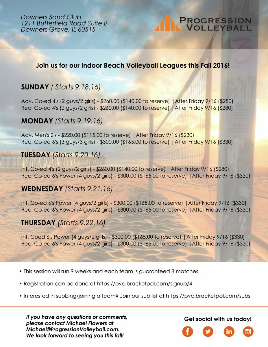 ProgressionVBC's tweet image. Indoor Sand Leagues is OPEN! Register by visiting: pvc.bracketpal.com/signup/4

#BeachVB #ProgressionVBC #DSC