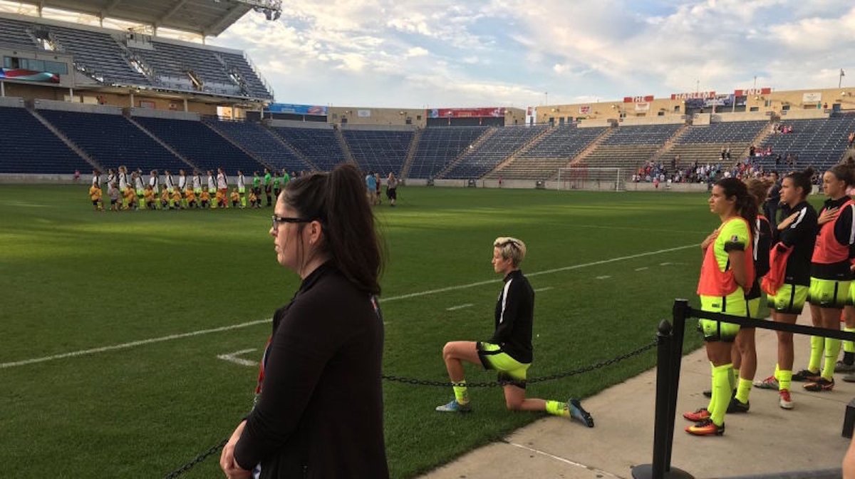 Deadspin's tweet photo. Grandstanding NWSL owner plays national anthem early to avoid Megan Rapinoe's protest: https://t.co/futuTNH8NR https://t.co/nluh9YBADO