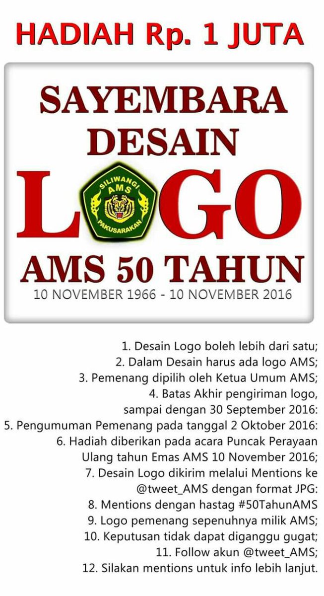 Sudah ada ratusan logo yg masuk ke @tweet_AMS

Ayoo ikut Sayembara Desain Logo HUT ke #50TahunAMS.