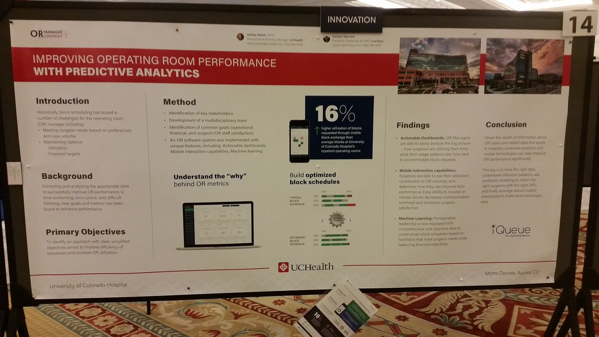 LeanTaaS's tweet photo. TODAY at #ORMC16 → Join us & @uchealth at the Poster Gallery to hear about using predictive analytics to improve #operatingroom performance https://t.co/NVd8RfWbJS
