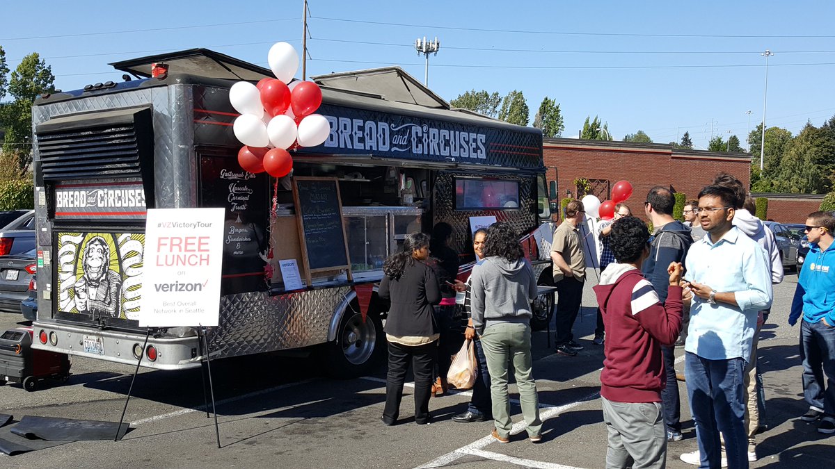 Hungry yet? <a href="/CircusTruck/">Bread and Circuses</a> is serving up free food outside <a href="/TMobile/">T-Mobile</a> in #FactoriaVillage #Seattle! #VZVictoryTour