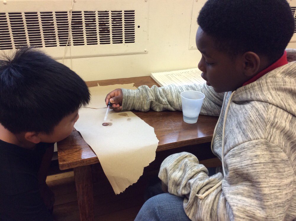 stacyras77's tweet photo. @JeffersonSTEM fourth graders doing an experiment using the scientific method. How many drops fit on a penny? https://t.co/8L5fO6MsMo