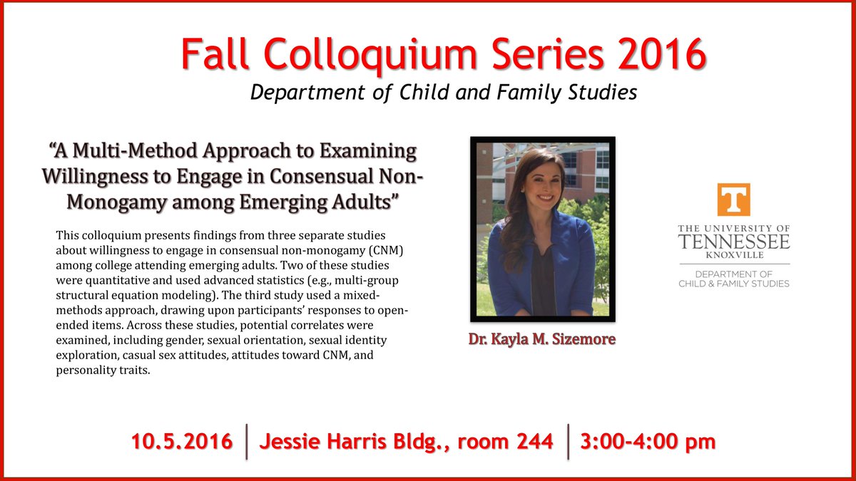 utk_cfs's tweet photo. Save the Date for the CFS Fall Colloquium presentation by UTK CFS graduate Dr. Kayla M. Sizemore #CFS #CEHHS #proud #FallColloquium https://t.co/yonNJ6aAvf