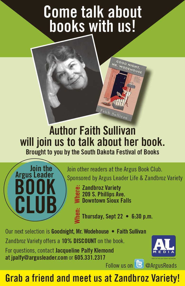 runnerJPK's tweet image. Author Faith Sullivan will be discussing "Good Night, Mr. Wodehouse" with us at book club. Come out! 6:30 p.m. at Zandbroz.