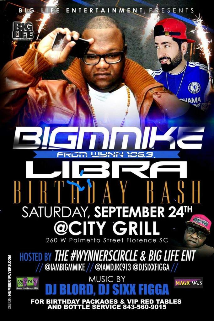 rowdie82's tweet photo. LIBRA B-DAY BASH SAT. CITY GRILL 260 PALMETTO ST FLORENCE SC ALSO RIDING THRU BIG MIKE FRM WYNN 1063 https://t.co/FGkesuLinJ