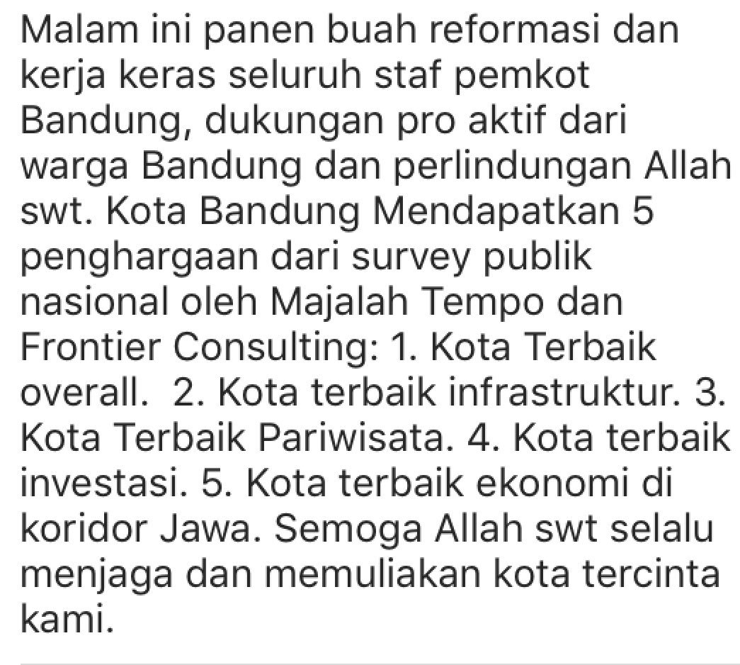 ridwankamil's tweet photo. Alhamdulillah, Kota Bandung mendapatkan 5 penghargaan nasional 2016 bedasarkan survey publik nasional ol Frontier Consulting &amp; majalah Tempo https://t.co/i4wzc8Xcp5