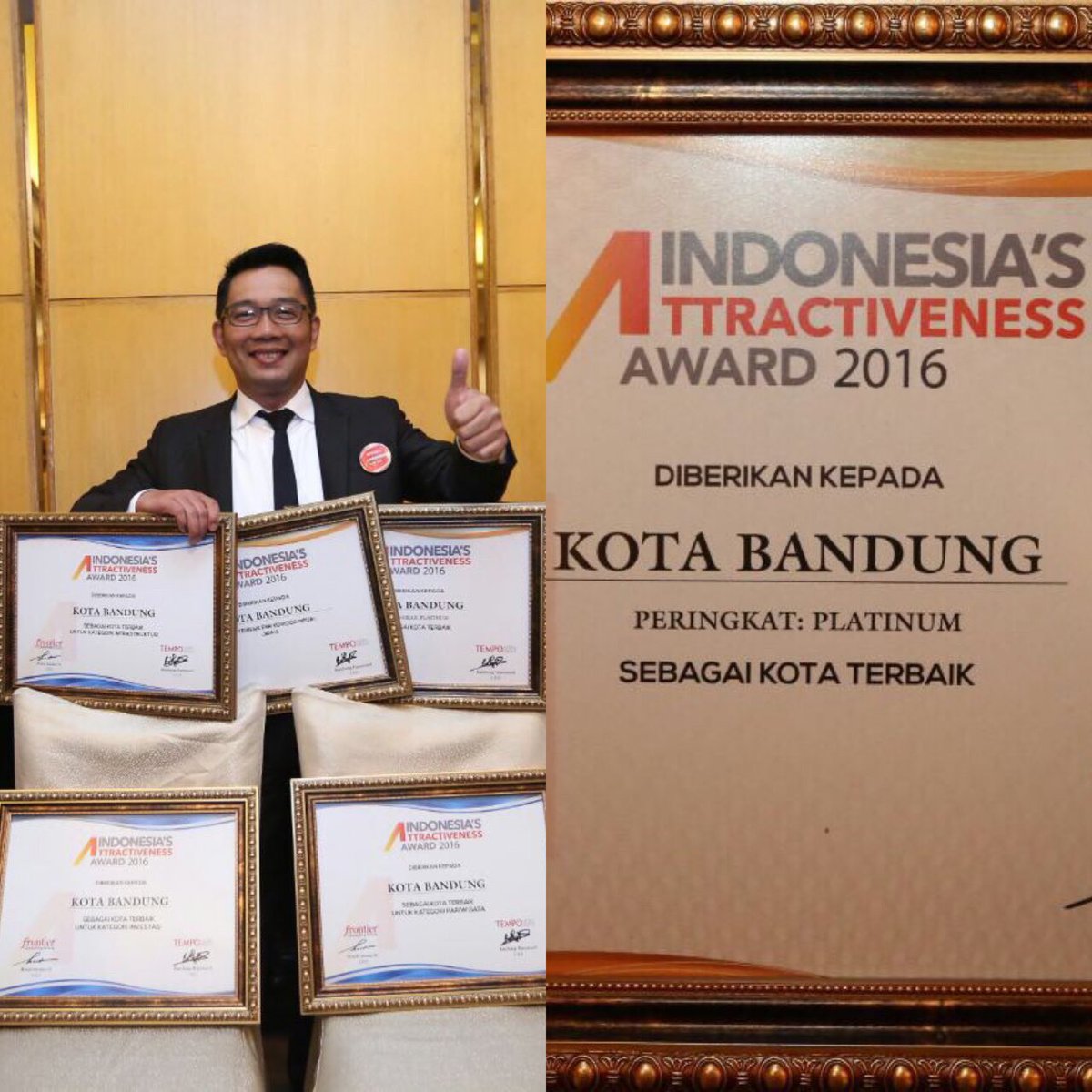 Alhamdulillah, Kota Bandung mendapatkan 5 penghargaan nasional 2016 bedasarkan survey publik nasional ol Frontier Consulting &amp; majalah Tempo