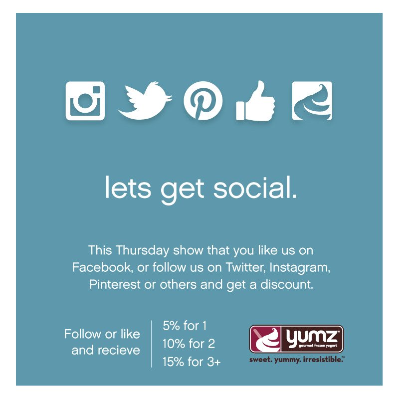 If you like us and follow us, it's payback time!  Come to Yumz today and show your support to get a discount.  See you at <a href="/YumzFroYo/">Yumz Frozen Yogurt</a>
