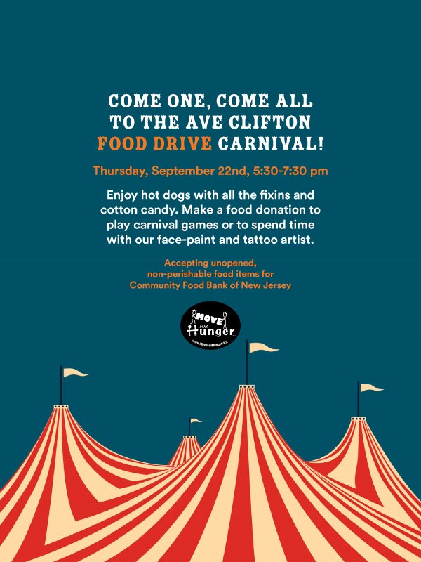 AVEClifton's tweet photo. Residents, join us this evening for carnival food and games to support @MoveforHunger! #HungerActionMonth https://t.co/OYAbLhuNlP