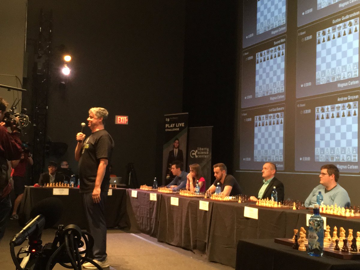 LibertySciCtr's tweet photo. LSC CEO Paul Hoffman introducing the Play Magnus Live #chess challenge. Watch live: https://t.co/k7F1wbMEAz #lscchess @hoffmanpaul https://t.co/En791f3OOo