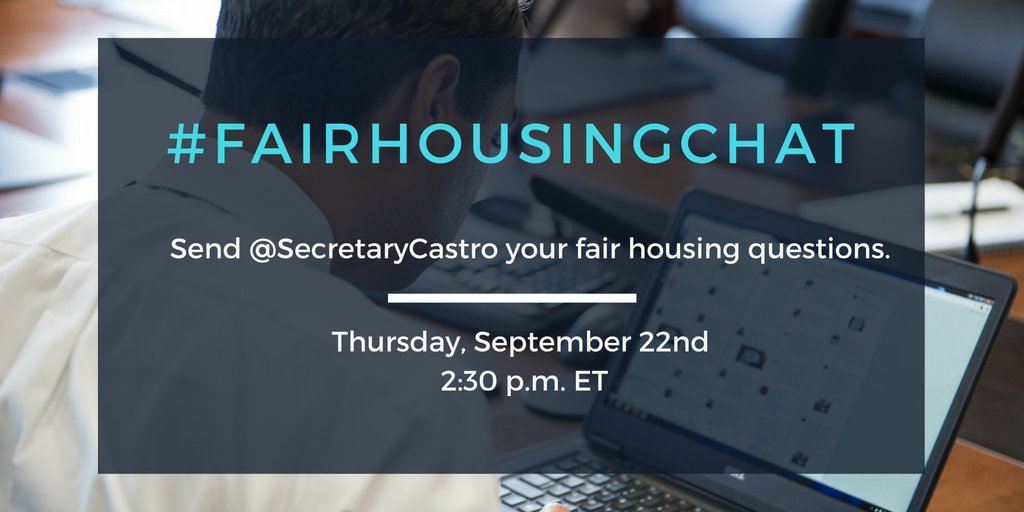 SecretaryCastro's tweet image. Today at 2:30 pm ET, I'll answer your fair housing questions. Send me your Qs using #FairHousingChat.