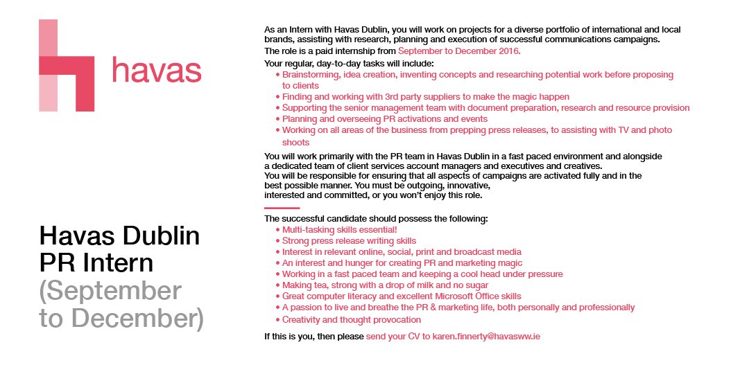 HavasDublin's tweet photo. We're hiring! We're looking for a PR Intern to join our team. Job spec here, please RT. #jobfairy #PR https://t.co/4dXN1Fzd47