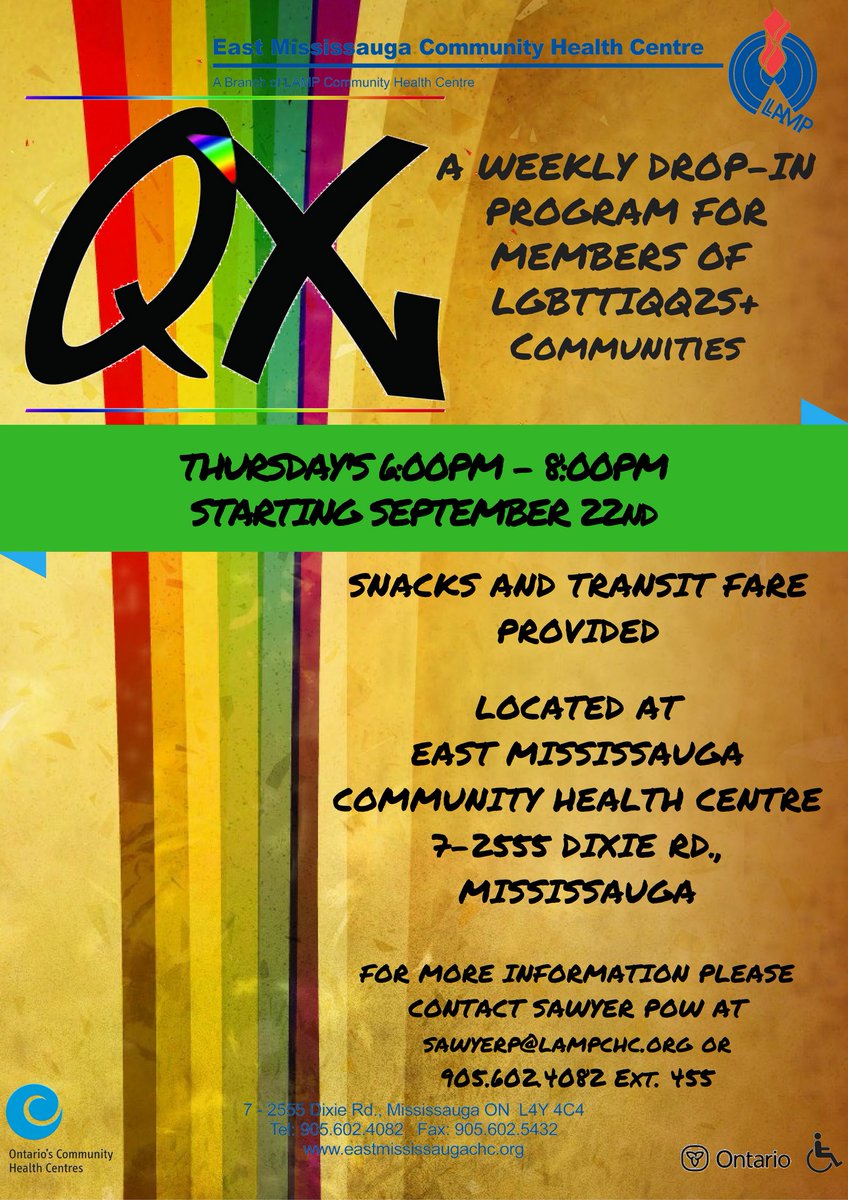 Join us tonight from 6:00PM - 8:00PM for the re-launch of our Qx Program! A LGBTTIQQ2S+ drop-in. Located at 7 - 2555 Dixie Rd. Mississauga