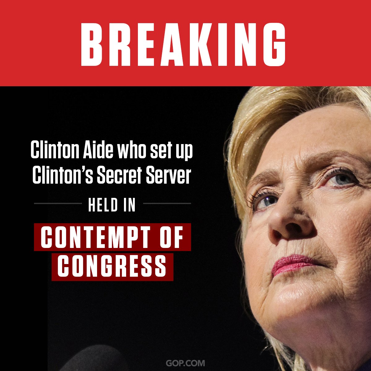 Republicans's tweet photo. BREAKING: House panel voted to hold Bryan Pagliano, @HillaryClinton's former IT staffer, in contempt of Congress for refusing to testify. https://t.co/2RXEIJg6rt
