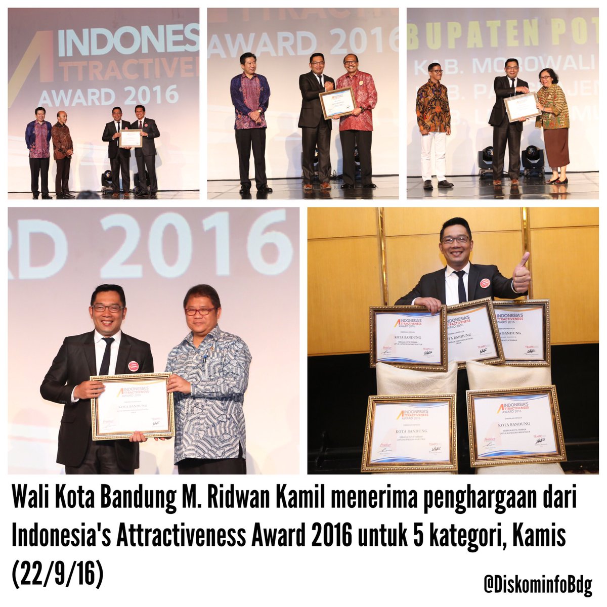 Wali Kota Bandung <a href="/ridwankamil/">Ridwan Kamil</a> menerima penghargaan dari Indonesia's Attractiveness Award 2016 untuk 5 kategori, Kamis (22/9/16)