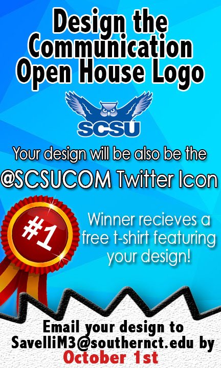 SCSU_CMS's tweet photo. Do you have what it takes to design the Com Dept Open House logo? Winner gets bragging rights and a t-shirt featuring the winning design! https://t.co/zYKMDcdvaM