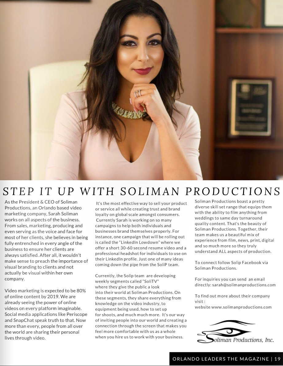 SarahMSoliman's tweet photo. THANK YOU to Orlando Leaders The Magazine for featuring me in their September issue. Check out my article! #SolimanProductions https://t.co/xeaBe4rhwA