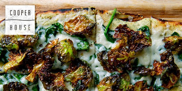 {ON THE MENU} White Flatbread with crispy brussels sprouts, spinach, ricotta, pecorino, black garlic pesto. #originalflavors #cooperhousenj