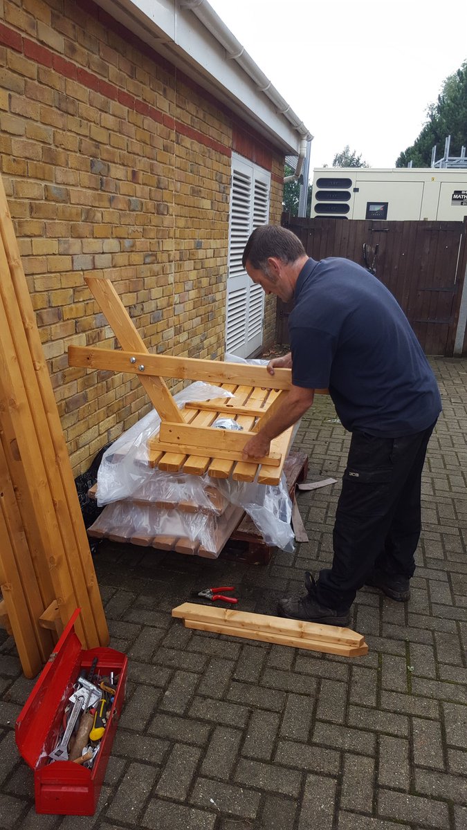 LucyJPickup's tweet photo. Our employee Scott putting up benches for our outside meeting area @MitieLandscapes #makingworkplacesbetter #firstimpressionscount https://t.co/mgR8C521LJ