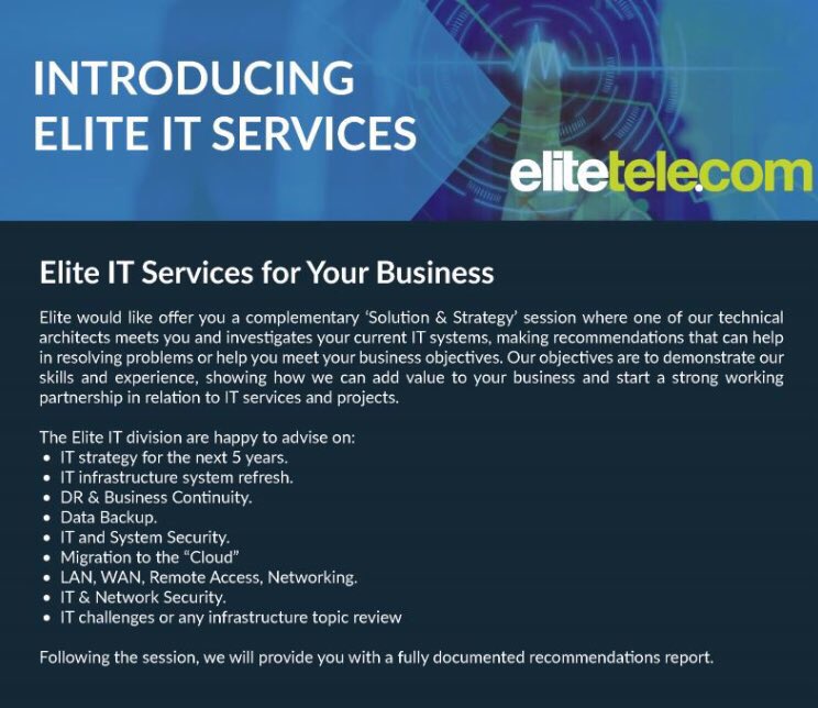 elitetelecom's tweet photo. Do you need help with your company #IT strategy? We can help #business 

Let us know... https://t.co/ZZqG7BkzSz #success