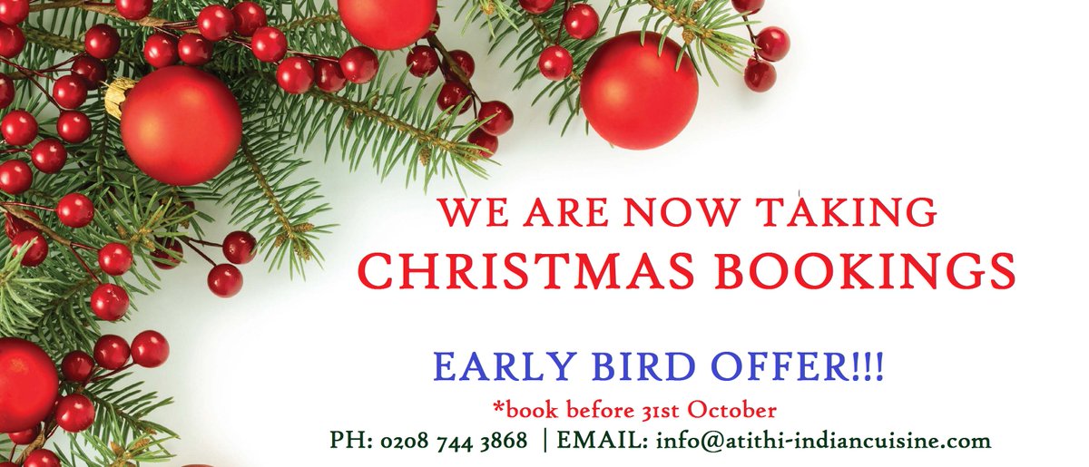 Atithi27's tweet photo. Early bird #christmasparty offers @Atithi27. book before 31st October.
#twickenham #atithitwickenham https://t.co/UEIyf1NAjL