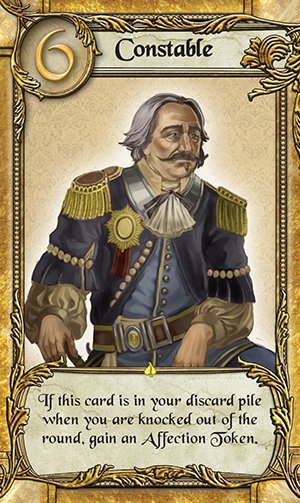 alderac's tweet image. The Constable in Love Letter Premium Edition will ensure you gain points, even if your challengers eliminate you. On sale in October!