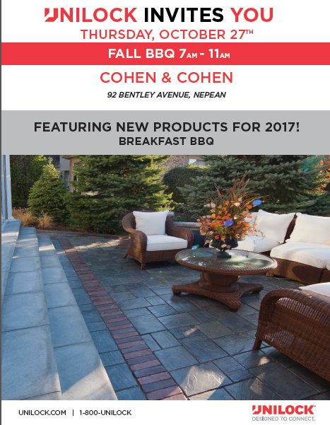 CCNaturalStone's tweet photo. #unilock Breakfast BBQ - 92 Bentley Ave. Oct 27th 7am-11am- Join us! Featuring new 2017 Unilock products! #ottawalandcaper #hardscapeottawa https://t.co/iYGKtdOznB
