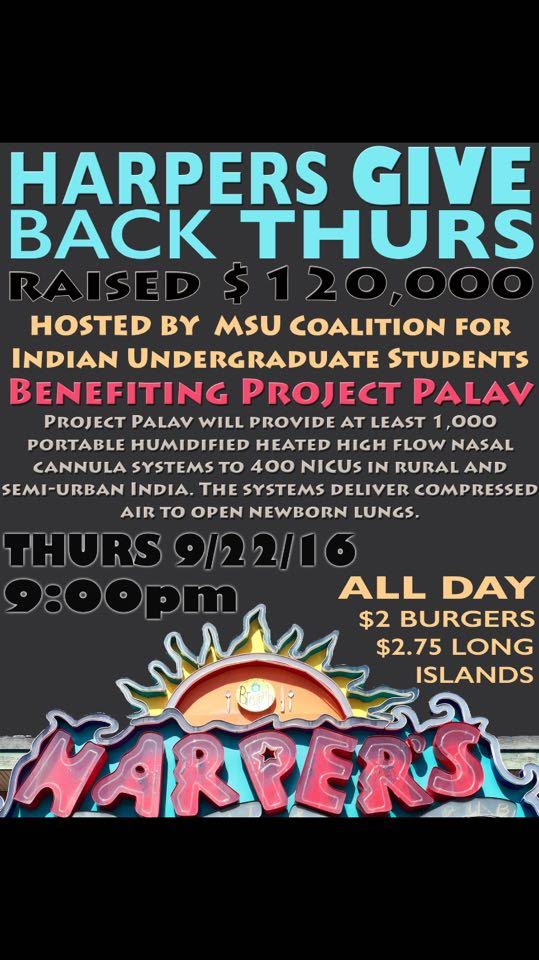 AD: TODAY #HarpersGIVEbackTHUR+MSU Coalition for Indian Undergrad Students 9pm;+ $2Burgers&amp;Fries+ $2.75 Pints/LONGisland+ OPENhiringDAILY++