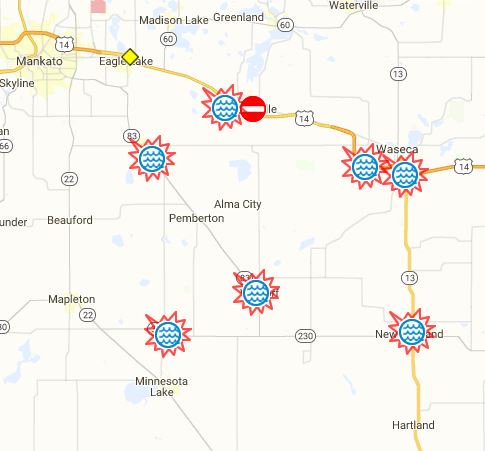 mndotscentral's tweet photo. SC MN flooding update: Same roads remain closed, water rising in some spots and receding in others. https://t.co/STAjiap4Tf is working again https://t.co/zOHedCjS9Q