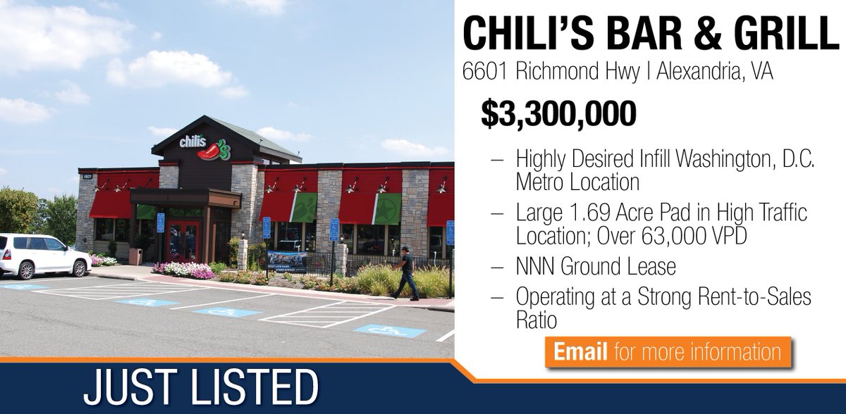 MM_MidAtlantic's tweet photo. Just Listed: @Chilis NNN Ground Lease in Alexandria, VA for $3.3M. See more info here: https://t.co/Z62RvHxh3k https://t.co/42j1NQTjFe