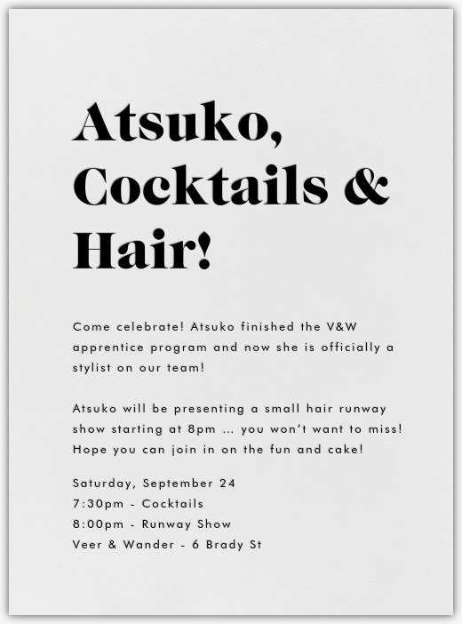 veerandwander's tweet photo. Come out and celebrate Atsuko @ V&amp;W https://t.co/88D4zC5J6A Saturday September 24th @ 7:30pm. Cocktails, Cake and gorgeous hair! https://t.co/AsAmoF6unn