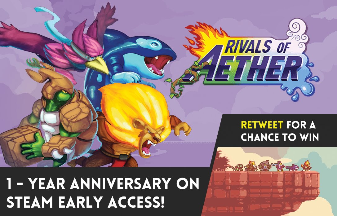 danfornace's tweet photo. Rivals of Aether turns 1 on Early Access today! To celebrate I am giving away 25 Steam copies at 7 PM PST. RT and Follow to Enter! https://t.co/dYLytiLMIc