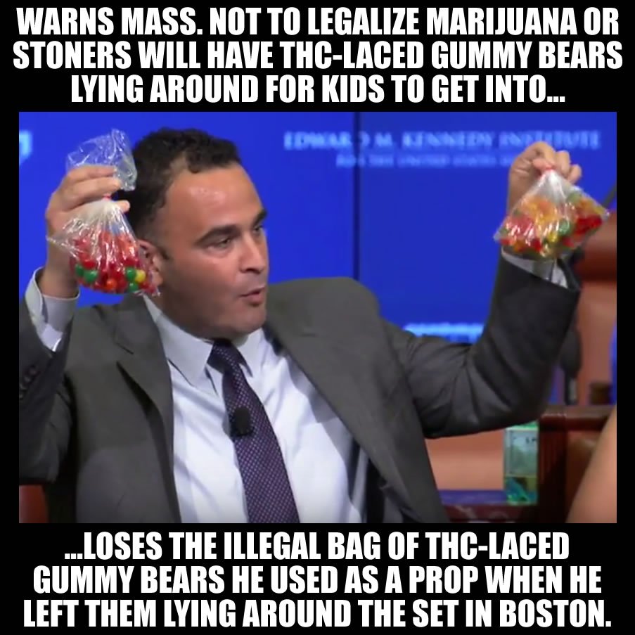 RadicalRuss's tweet photo. Recap: Pot-gummy-hating @KevinSabet 2x on TV said he had bag of pot gummies. @MassCann @NORML Dr. Keith Saunders swiped 'em. #SabetGummyGate https://t.co/ozrPb8KOzB