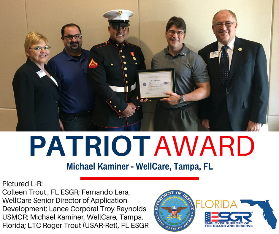 FL_ESGR's tweet photo. PATRIOT AWARD: Michael Kaminer - @WellCare_Health. Thank you to Mr. Kaminer and WellCare for supporting those who serve. @ESGR #GuardReserve https://t.co/VABln6GWd2