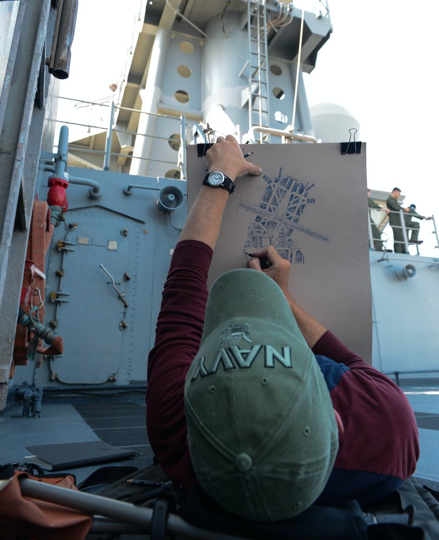 newsillustrator's tweet photo. I thought I'd try drawing while lying down on a ship. https://t.co/FhvpPmnI85 Stupid idea. @urbansketchers @USNavy @UrbSketchLondon #burpppp https://t.co/kTHlPerN1X