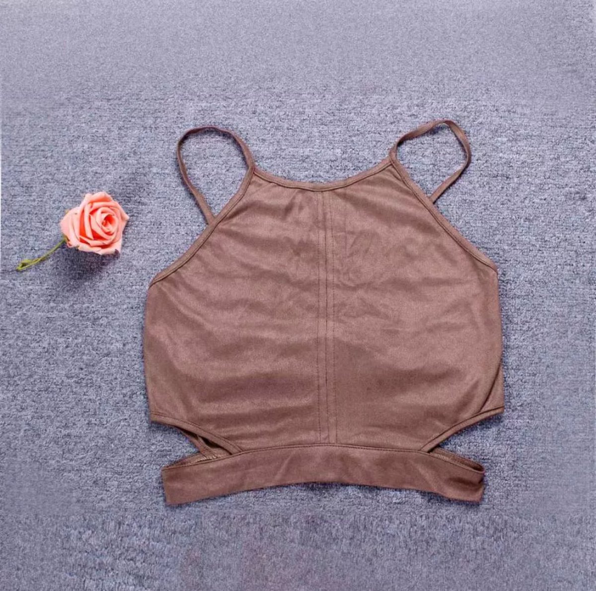 MillennialTees's tweet photo. $12 faux suede halter top, perfect #fallfashion top. Look #stylish while sipping on all your pumpkin spice lattes. #millennialtees #croptops https://t.co/whvPa5H35S