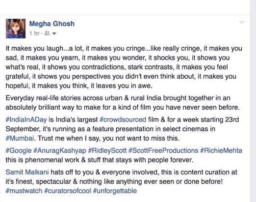 MeghaaGhosh's tweet photo. Because 140 characters isn’t enough to express all that I feel about #IndiaInADay @Samit just fabulous! #Google #curatorsofcool #mustwatch https://t.co/TpHhSzIYuz
