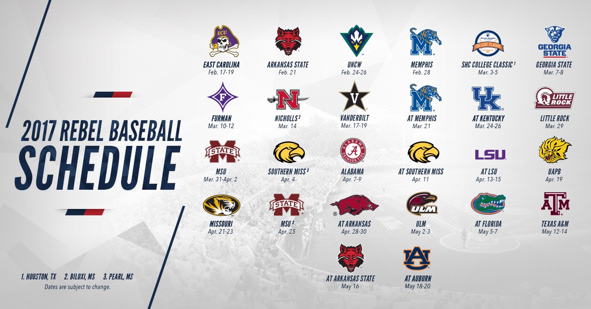 OleMissBSB's tweet photo. IT'S HERE!! Rebs Baseball Releases 2017 Schedule #RebsBSB

>> https://t.co/ztrzLxF0Dp https://t.co/cHdgd2YMZF